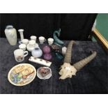 A mixed lot to include Isle of Wight glass Doulton coffee set and some gazelle horns etc.