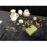 A mixed lot including miniature animals, silver handled butter knife etc. and a Colclough tea set.