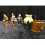 Four German pottery monks and a Devon pottery jug with cockerel design etc.