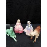 Two miniature Royal Doulton figurines: Dinky Do and Rose together with a Sylvac foal and another.