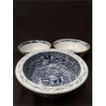 Three large blue and white china Oriental bowls.consisting of a wash bowl decorated with panels of