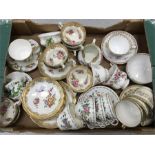 A box of china cups and saucers. Includes: Aynsley Pembroke and Henley, Royal Albert Trillium,