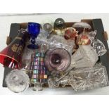 A box of glassware to include decanters, vases and ornaments.