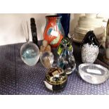 Various items to include glass paper weights and a Poole pottery vase.