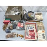 A box of jewelled detailing for dresses and dressmaker's hams. Includes dress making patterns and