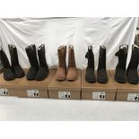 Five pairs of tall Ewe boots. Two chocolate coloured size 4, one chestnut size 3 and two chocolate