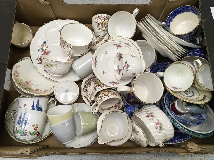 Two boxes of china cups and plates, examples from Wedgwood, Tuscan, Willow and others. - Image 2 of 2