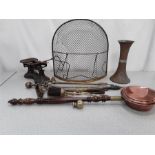 Various brass items to include a fire guard, bed warmers etc.