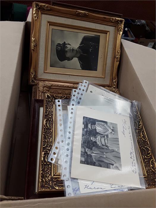 A box containing Royal Ephemera to include Mary photographs 1956 at a London guild with top hated