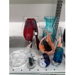 Various pieces of coloured glassware.inc hand blown red and blue free form whitefryers design