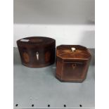 Two antique Georgian inlaid small mahogany tea caddies. one square and one oval