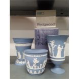 Three pieces of blue Wedgwood Jasperware. Two boxed.
