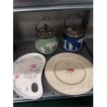 Two wedgewood Jasper ware biscuit barrels together with a Clarice Cliff plate from a sandwich tray