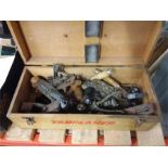 A Tarplaner box of vintage planes and hand tools.