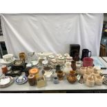 A selection of chinaware including Royal Victoria spirit bottles and Chokin plates.