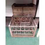 Two old wooden vegetable crates K a Robbins Rookery farm together with a metal milk bottle crate and