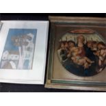 A Medici print depicting the virgin Mary and Christ in period gilt frame and print on material