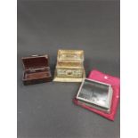 Seven glass slides together with a gold mounted snuff box after mulberry wood and a brass stamp