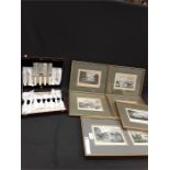 Six framed prints of scenes around England together with a box of cutlery.