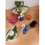 A small quantity of china and glass.inc pottery shoes, dutch girl, candlestick,coloured glass