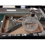 A mixed lot including a silver topped decanter (no stopper) a carving set in the Kings Pattern and