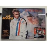 Le Mans, Steve McQueen framed film poster (possibly reproduction). Aluminium silver frame.