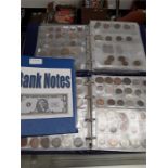 Two folders of coins from around the world inc crowns SA India l with an album of bank notes.