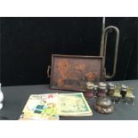 A pokerwork tray, two pairs of opera glasses, a Porter's bell and other items.