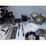 A box of collectables including silver plate, pens etc