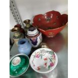 A small quantity of oriental china to include peach decorated bowl, celadon bowl ,cloissnne vase,