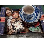 A box of glassware and a box of china to include the residue of a Japanese tea set decorative plates