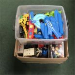 Two boxes of toys, including Lego and Thomas the Tank Engine.