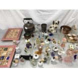 A large collection of perfume miniatures, a copper kettle and other items