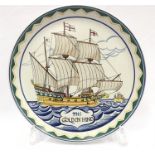 Poole Pottery hand painted ship plate "Golden Hind" by Sue Pottinger dated 1977, 12" (30cms)