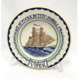 Poole Pottery hand painted ship plate "HMS Sloop Viper" by Nellie Blackmore dated 1961, 10" (26cms)