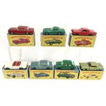 Seven Lesney Matchbox 1-75 series cars: 53 Ford Zodiac Mk IV; 62 Mercury Cougar; 75 Ferrari