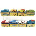 Eight Lesney Matchbox 1-75 series models: 6 Ford Pick-Up (G box); 18 Field Car (one tyre missing);