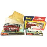 Three Dinky Toys emergency vehicles: 285 Merryweather Marquis Fire Tender (VG in G/VG bubble