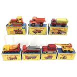 Seven Lesney Matchbox 1-75 series commercial vehicles: 16 Case Tractor; 70 Grit Spreading Truck (G/