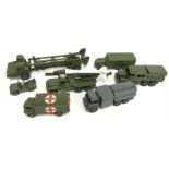 Seven Dinky Toys military models, includes 666 Missile Erector Vehicle (no missile), 665 Honest John