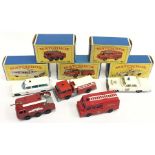 Five Lesney Matchbox 1-75 series emergency vehicles: 63 Fire Crash Tender (with gold nozzle); 57