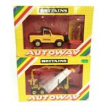 Two Britains Autoway models: No.9820 Land-Rover, in yellow and black with driver and workman with