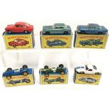 Six Lesney Matchbox 1-75 series models: 52 BRM Racing Car (no decals); 53 Ford Zodiac Mk IV (G/