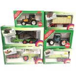 Six Siku Farm Series 1/32 scale models: #3854 Claas Jaguar Combine Harvester; #2858 Forester