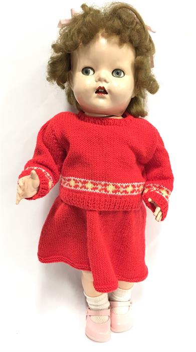 Pedigree (England) hard plastic walking doll, c.1950's with weighted blue eyes, open mouth with