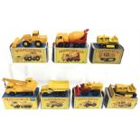 Seven Lesney Matchbox 1-75 series construction vehicles: 63 Dodge Crane Truck; 69 Hatra Tractor