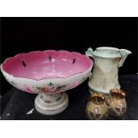 A bohemia glass overlaid white and red floral decorated tazza, Burleigh Ware jug with gilded overlay