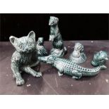 Green Poole pottery animals to include a cat, crocodile, mice etc