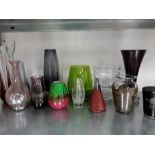 A collection of six various shaped glass vases to include Malta, ribbed and freeform .