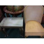 A nest of two brass and onyx tables together with a bedroom chair.